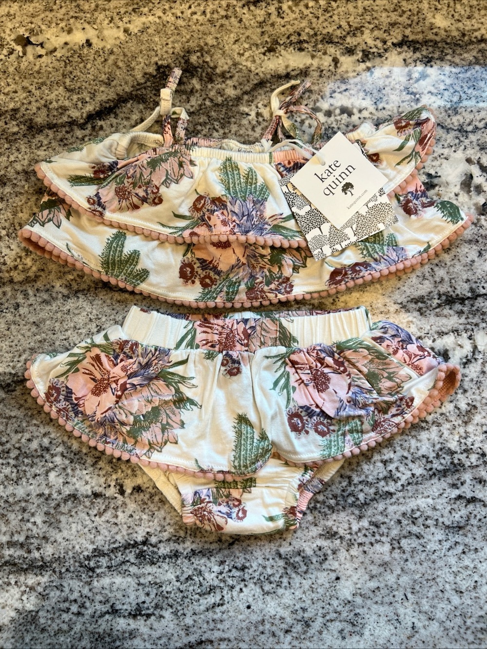 kate quinn Cream Floral Ruffle Matching Set with Pink Trim